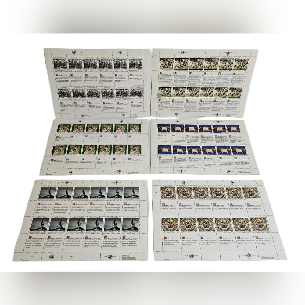 United Nations 1989 Human Rights Stamps 6 Sheets of 12 (72 Total) Geneva New Vtg